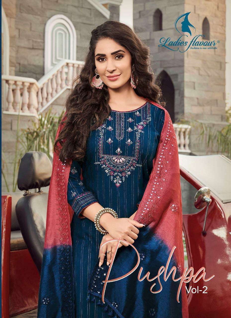 LADIES FLAVOUR PRESENTS PUSHPA VOL 2 RAYON VISCOSE EMBROIDERY WHOLESALE READYMADE COLLECTION